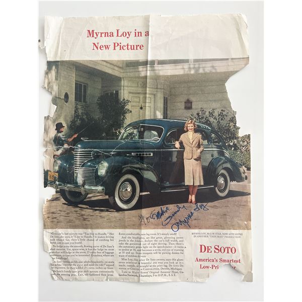 Myrna Loy signed magazine page