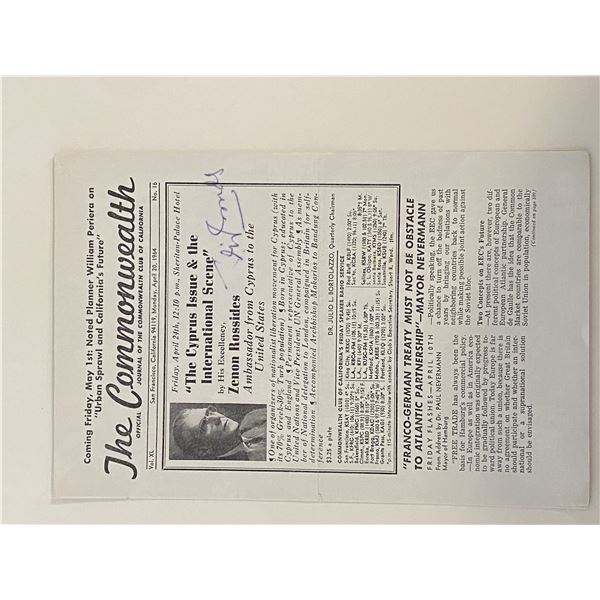 Zenon Rossides signed Commonwealth Journal newspaper