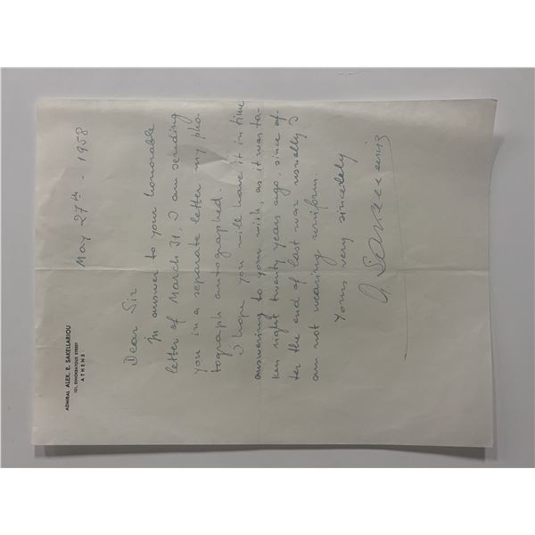 Greek Navy Admiral Alex E. Sakellariou signed 1958 letter