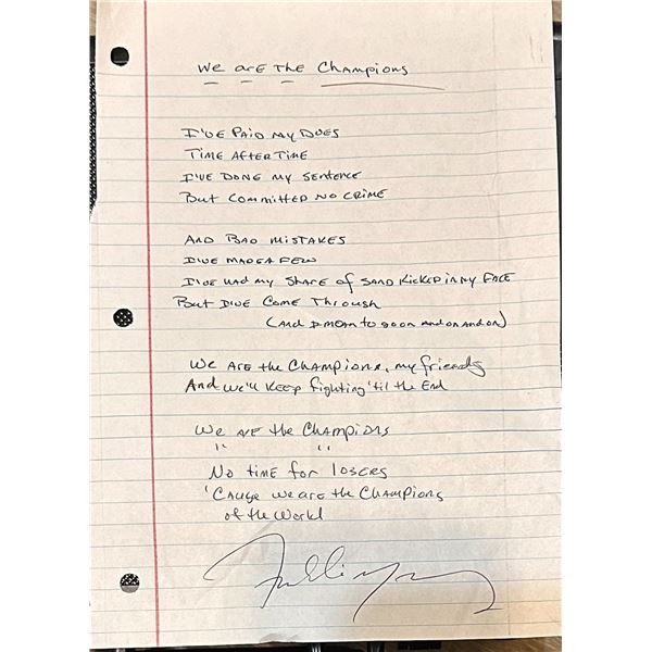 Freddie Mercury Autographed Hand Written Lyrics