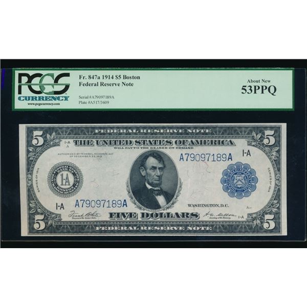 1914 $5 Boston FRN PCGS 53PPQ