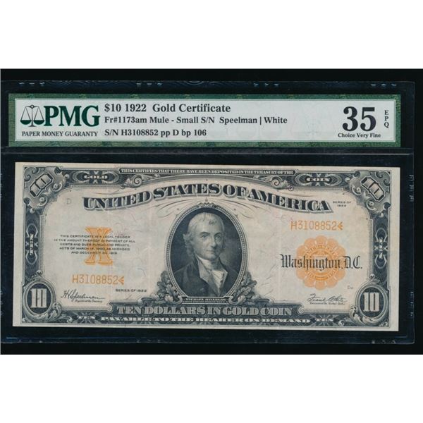 1922 $10 Gold Certificate PMG 35EPQ