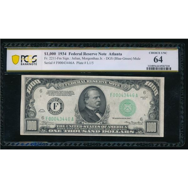 1934 $1000 Atlanta FRN PCGS 64