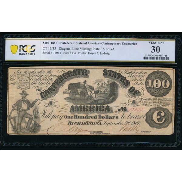 1861 $100 Confederate Counterfeit PCGS 30