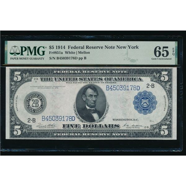 1914 $5 New York FRBN PMG 65EPQ