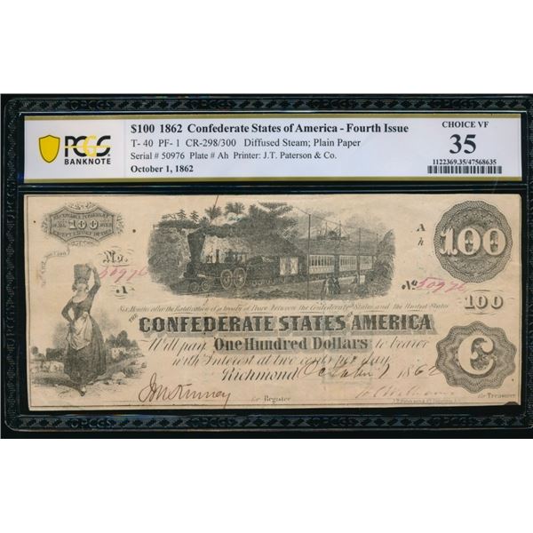 1862 $100 T-40 Confederate PCGS 35