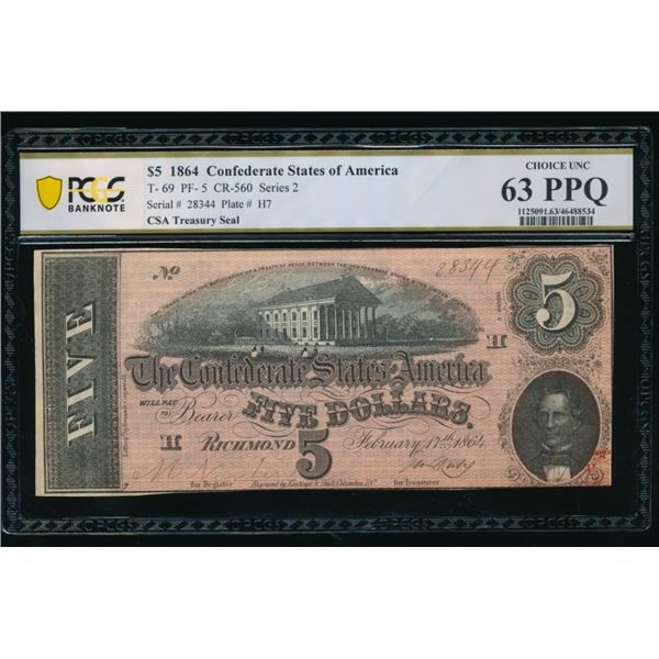 1864 $5 T-69 Confederate PCGS 63PPQ