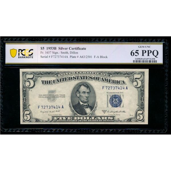 1953B $5 Silver Certificate PCGS 65PPQ