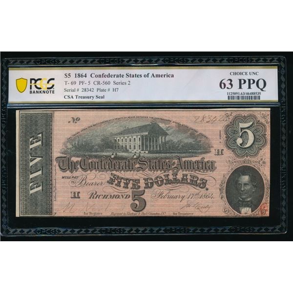 1864 $5 T-69 Confederate PCGS 63PPQ