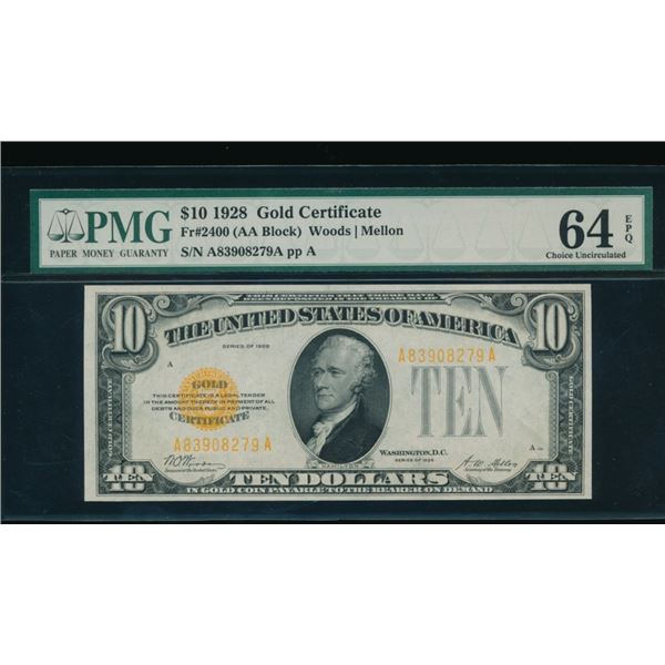 1928 $10 Gold Certificate PMG 64EPQ