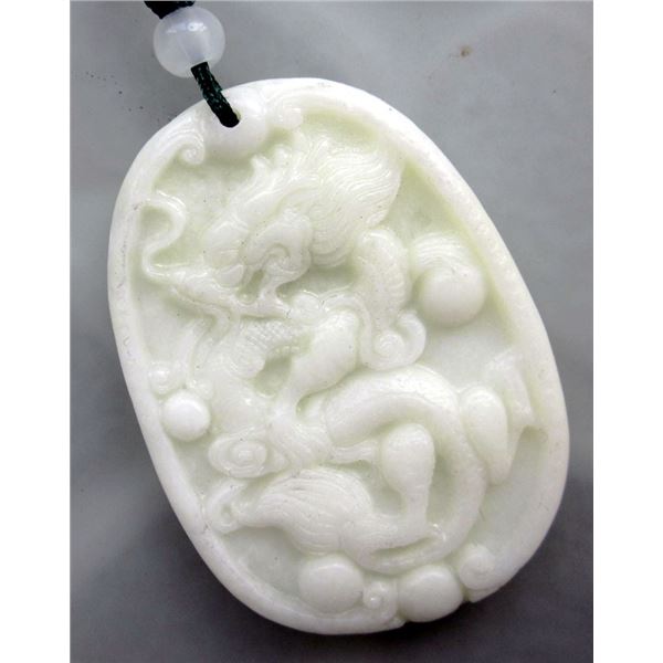 Jade 242cts of Real White Jade Fortune Dragon Pearls Amulet