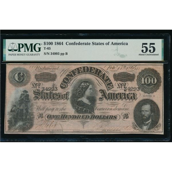 1864 $100 T-65 Confederate PMG 55