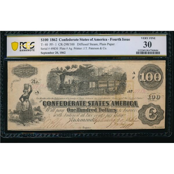 1862 $100 T-40 Confederate PCGS 30