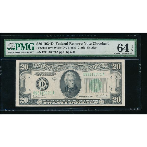 1934D $20 Cleveland FRN PMG 64EPQ