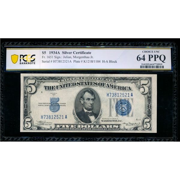 1934A $5 Silver Certificate PCGS 64PPQ