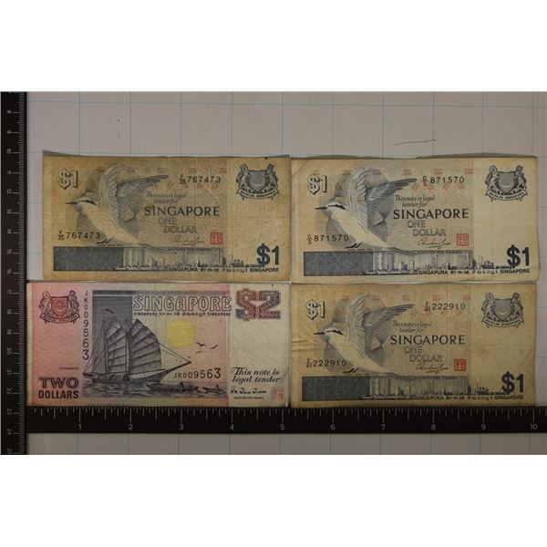 4 SINGAPORE BILLS: 3-1976 ONE DOLLAR & 1-1991 TWO