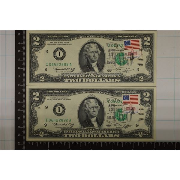 2-1976 US $2 FRN BILLS. CRISP UNC WITH CANCELLED
