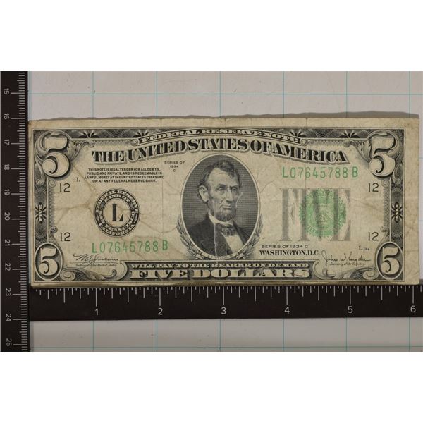 1934-C US $5 FRN, GREEN SEAL LARGE MARGIN 1 SIDE