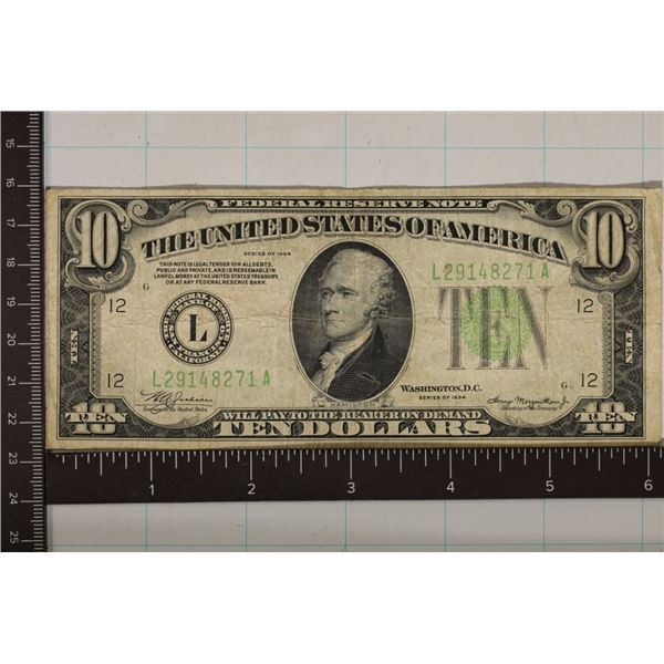 1934 US $10 FRN, GREEN SEAL MISPRINT ON REVERSE