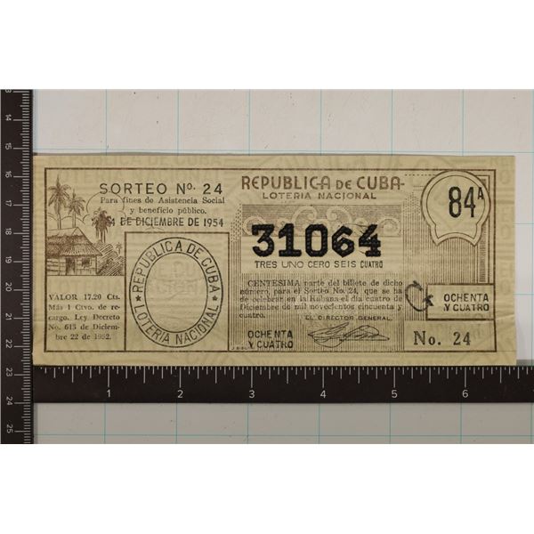 1954 CUBA CRISP LOTTERY TICKET