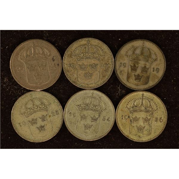 1911, 2-1919, 1928, 34 & 1936 SWEDEN SILVER 10 ORE
