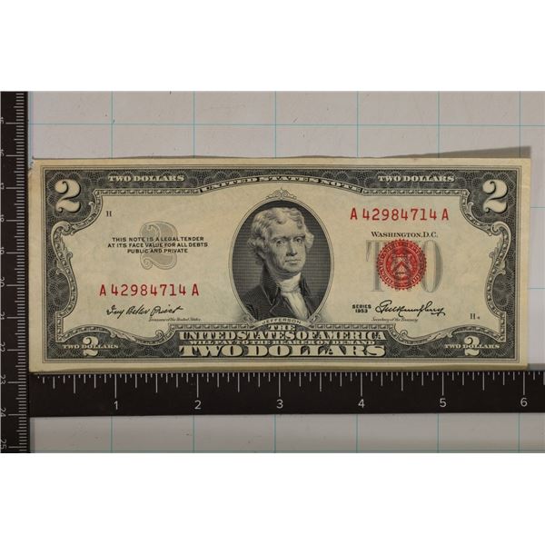 1953 US $2 RED SEAL NOTE. CRISP UNC SMALL TEAR