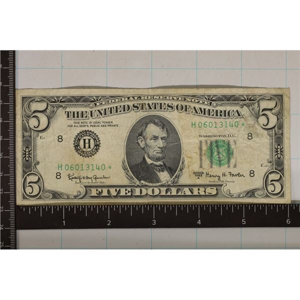 1963-A US $5 FRN GREEN SEAL STAR NOTE