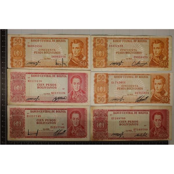 6-1962 BOLIVIA  BILLS:3-50 & 3-100 PESO BOLIVIANOS