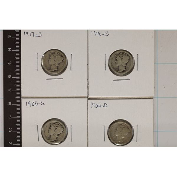 1917-S, 1918-S, 1920-S & 1934-D SILVER MERC DIMES