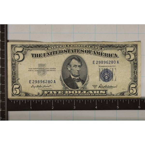 1953-A US $5 SILVER CERT, BLUE SEAL
