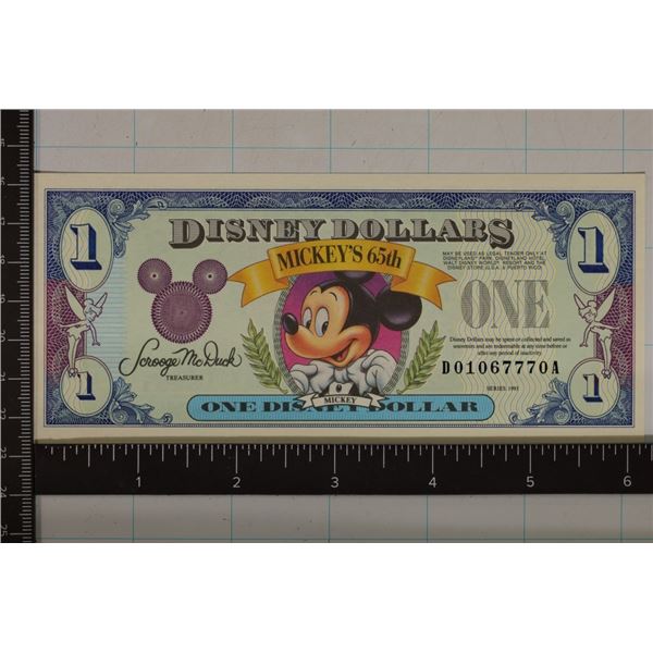 1993 DISNEY $1 DOLLAR CRISP UNC COLORIZED BILL