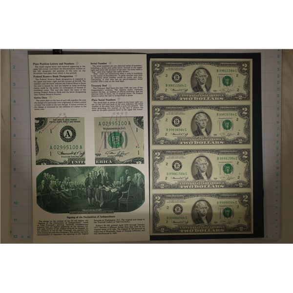 1976 UNCUT SHEET OF 4-US $2 FRN'S CRISP UNC IN