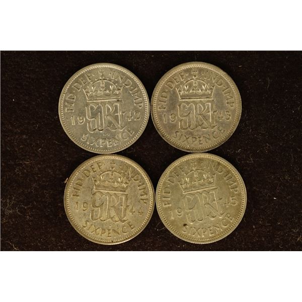 4-SILVER GREAT BRITAIN 6 PENCE: 1942, 43, 44 & 45