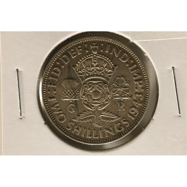 1943 GREAT BRITAIN SILVER 2 SHILLINGS .1818OZ. ASW