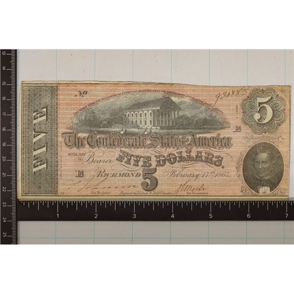 1864 CONFEDERATE STATES OF AMERICA $5 BILL