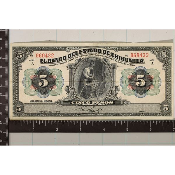 1913 BANK OF CHIHUAHUA 5 PESO BILL