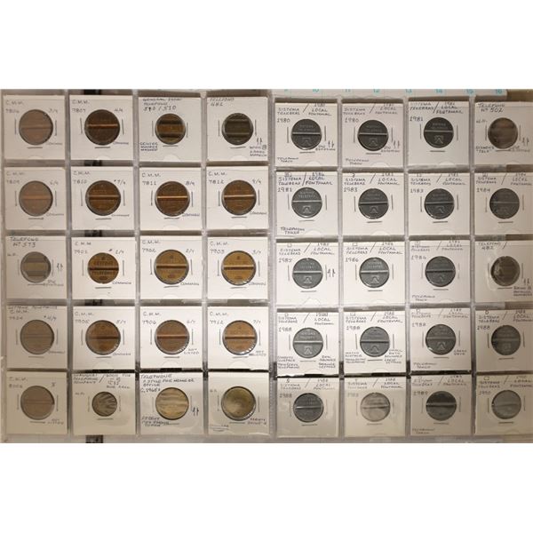 40 ASSORTED FOREIGN METAL TELEPHPONE TOKENS: