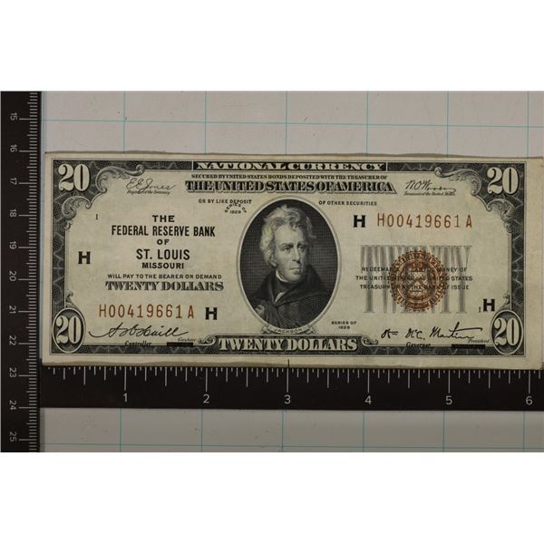 1929 US $20 NATIONAL CURRENCY, BROWN SEAL. FEDERAL