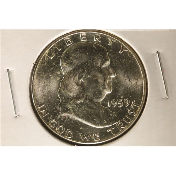 1959 SILVER FRANKLIN HALF DOLLAR BU TONING SPOTS