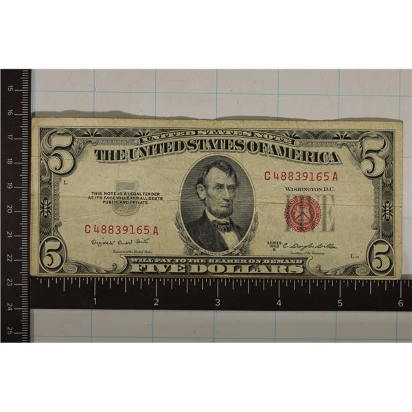 1953-B US $5 RED SEAL BILL