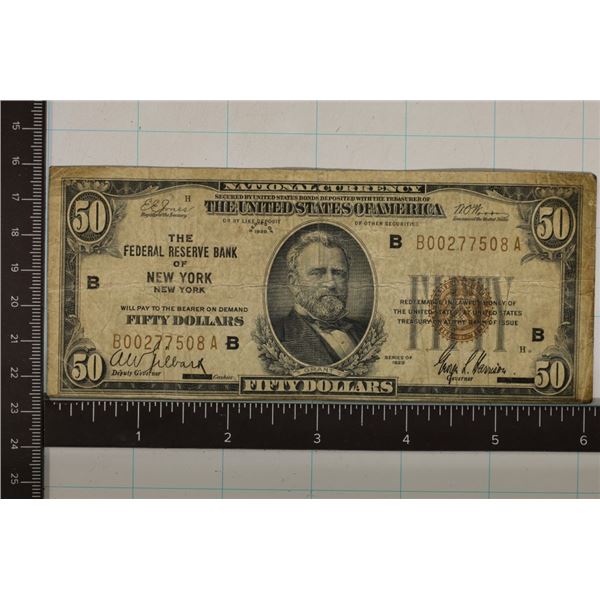 1929 US $50 NATIONAL CURRENCY, BROWN SEAL. TYPE 1