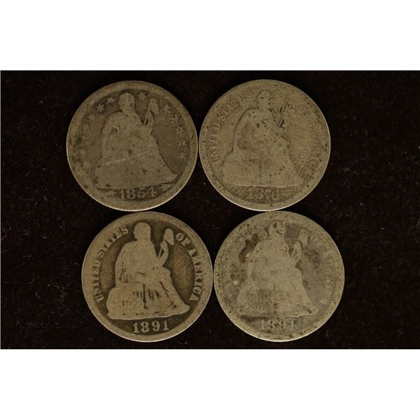 4 SILVER SEATED LIBERTY DIMES: 1854, 1876, 1891 &