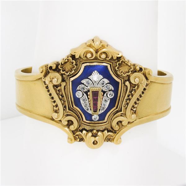 Antique Victorian 18K Gold Diamond & Ruby Enamel Repousse Work Bangle Bracelet