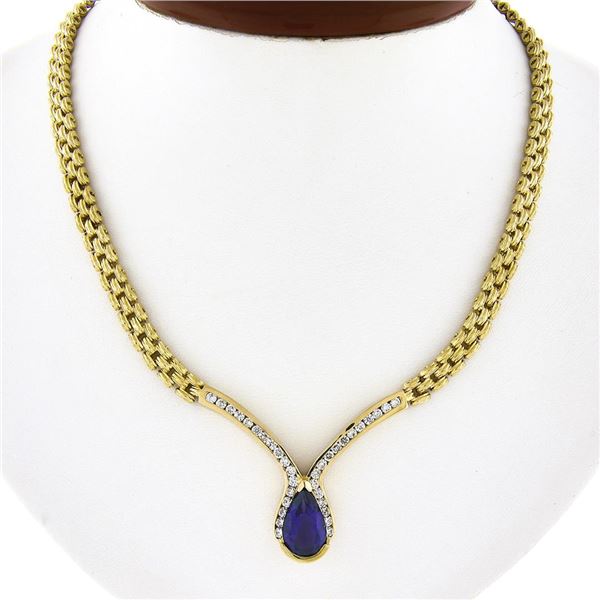 14k Gold 4.17 ctw Pear Amethyst & Diamond Chevron "V" Panther Link Chain Necklac