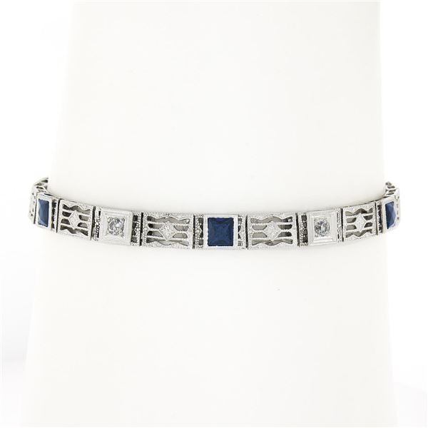 Antique Art Deco 14k Gold Diamond Sapphire Open Filigree Straight Line Bracelet