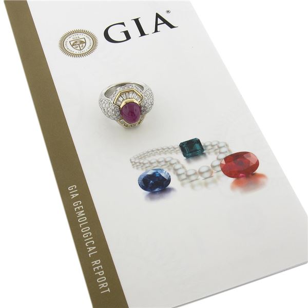18K Yellow Gold & Platinum GIA Oval Cabochon Ruby w/ Diamond Halo Cocktail Ring