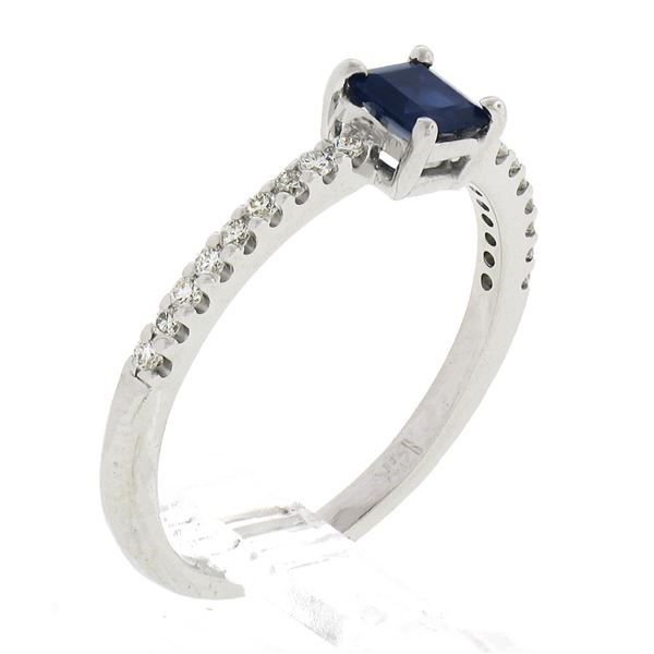 NEW 14K White Gold 0.59 ctw Square Step Cut Sapphire Solitaire & Diamond Ring