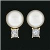 Image 2 : 14k Yellow Gold 7.9mm FINE Pearl w/ 0.54 ctw Princess Diamond Drop Stud Earrings