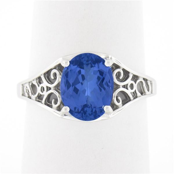 NEW 14k White Gold 1.91 ctw Violet Blue Oval Tanzanite w/ Open Work Sides Ring