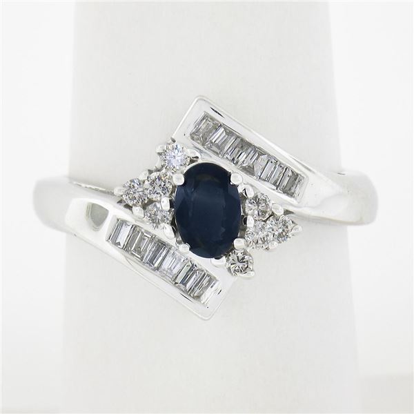 Estate Solid 14K White Gold 1.0 ctw Oval Cut Sapphire & Diamond Bypass Ring